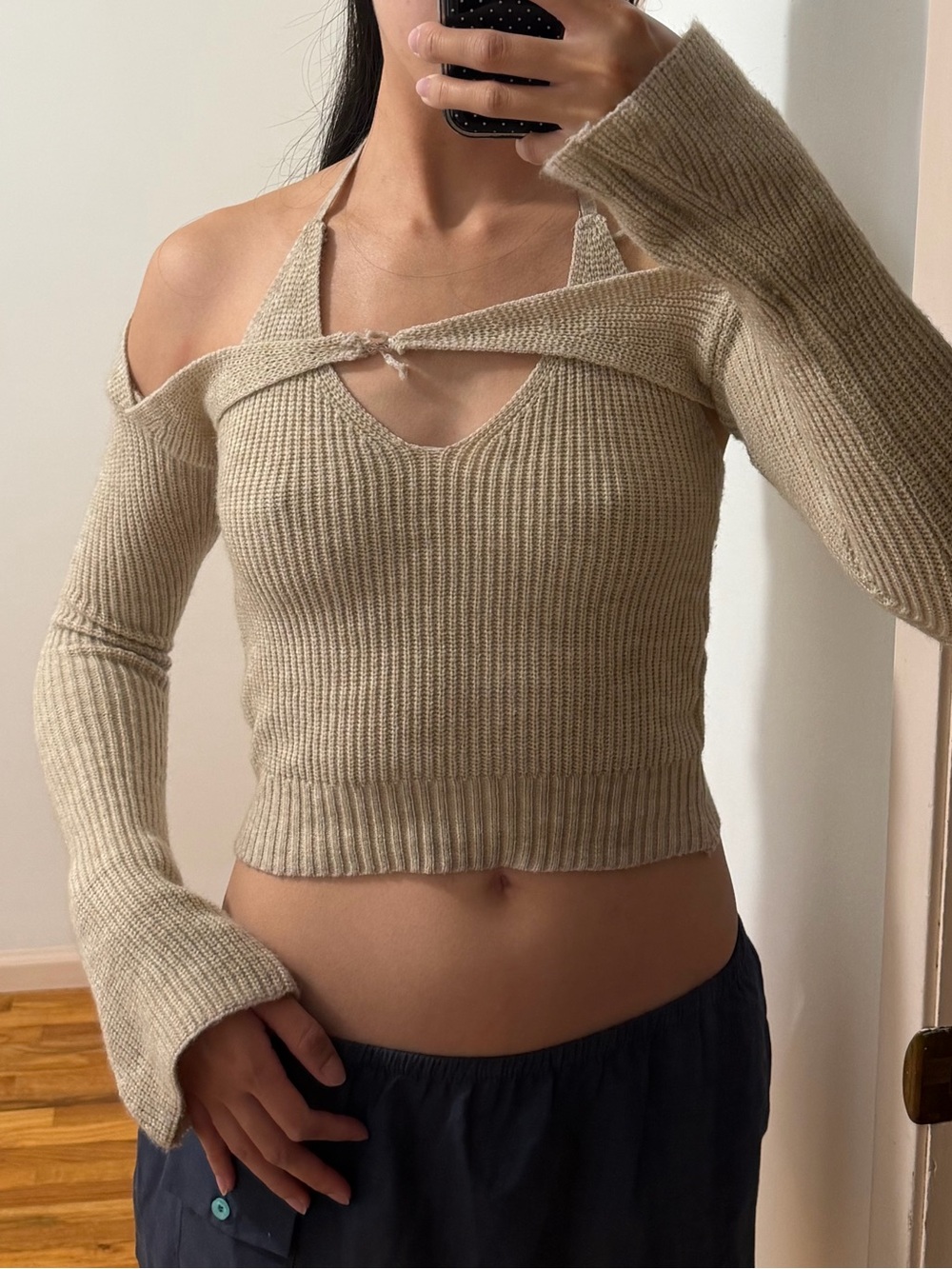 With Jean Beige Ribbed Off-Shoulder Halter Sweater